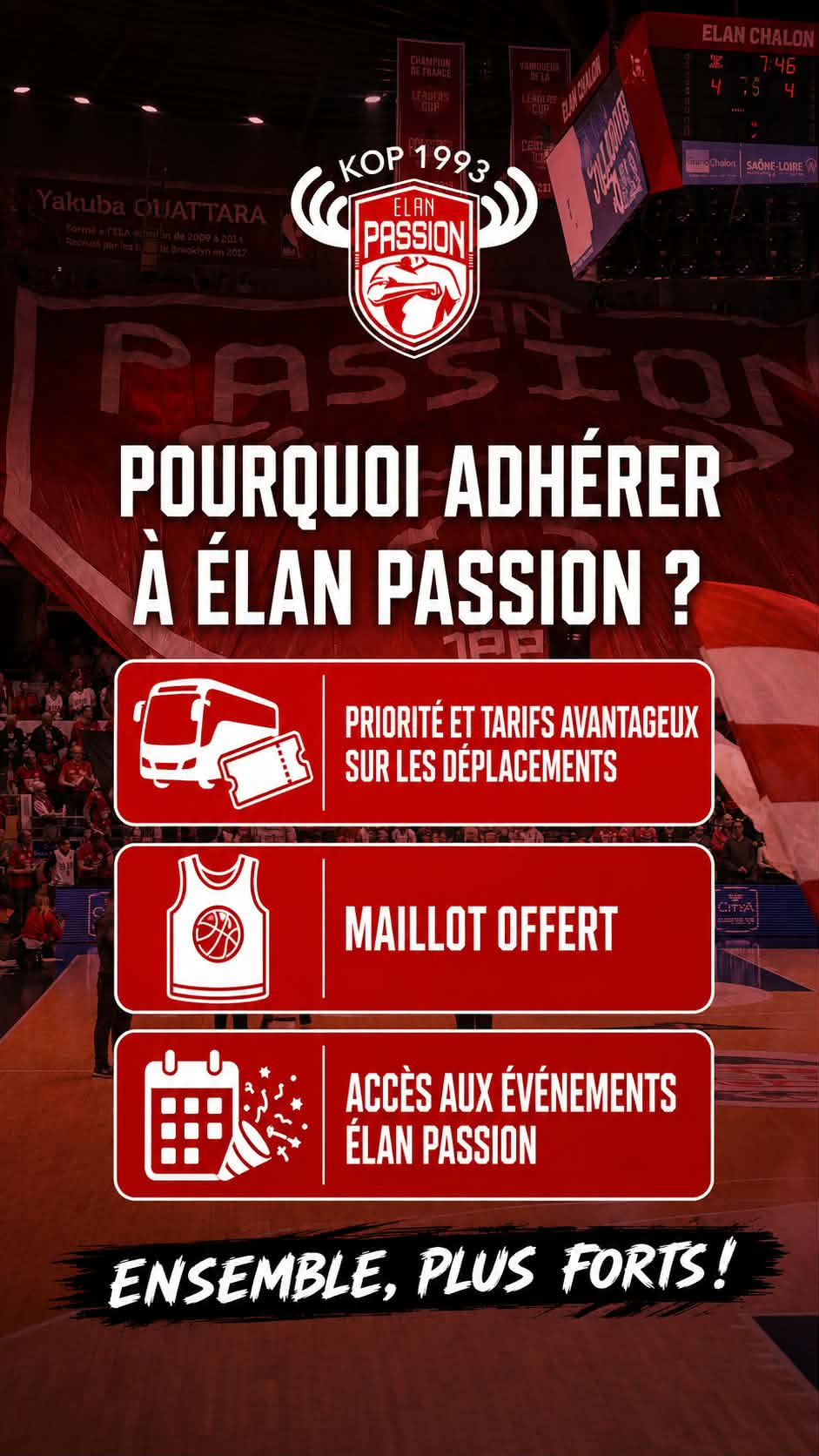 Visuel Pourquoi adhérer à Élan Passion : déplacements, maillot offert, événements